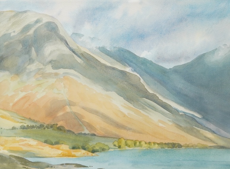 Alan Barlow (1926-2005), ‘Wastwater Head’, unsigned, label verso, watercolour, 28 x 38cm